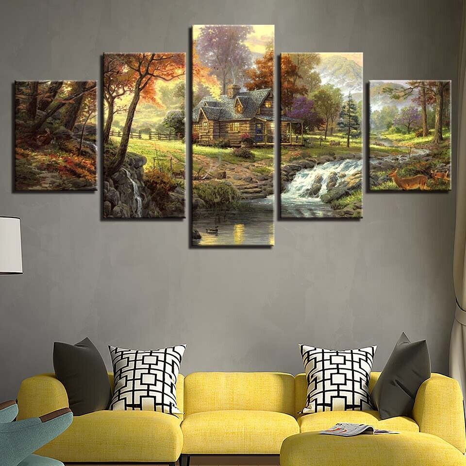 Forest Trees House Stream Landscape Canvas Print Painting Wall Art Home Decor 5P