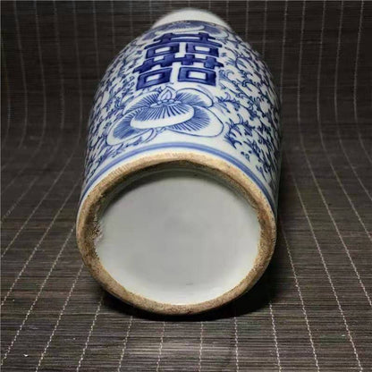 Antique Hand-painted Blue and White Porcelain Double Happiness Double Ear Bottle