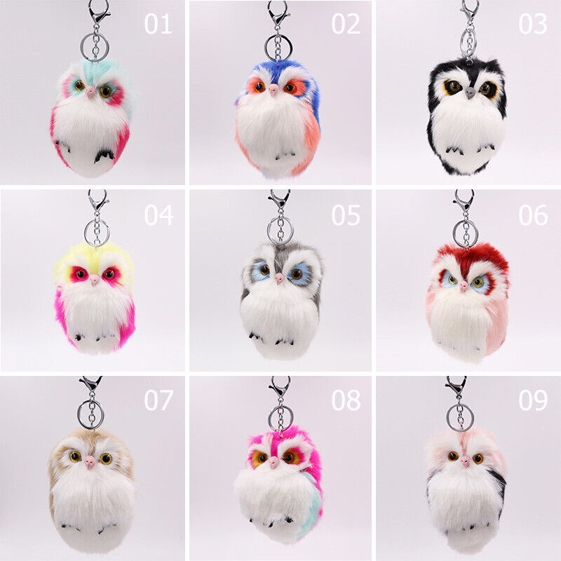 Cute Rabbit Fur Furry Owl Pendant Bag Charm Key Chain Plush Animal Car Pendant