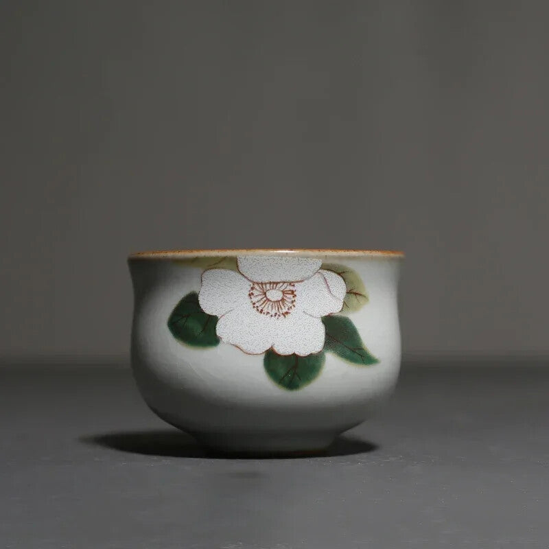 Ru Kiln Ceramic Teacup Travel Portable Hand Painted Flower Tea Bowl Handmade