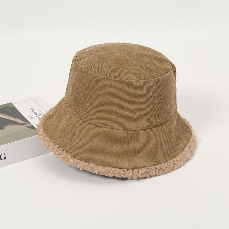 Women Winter Bucket Hat Warming Panama Cap Lady Fluffy Corduroy Double-Side Wear