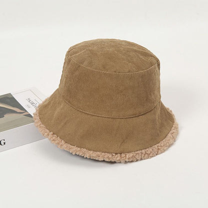 Women Winter Bucket Hat Warming Panama Cap Lady Fluffy Corduroy Double-Side Wear