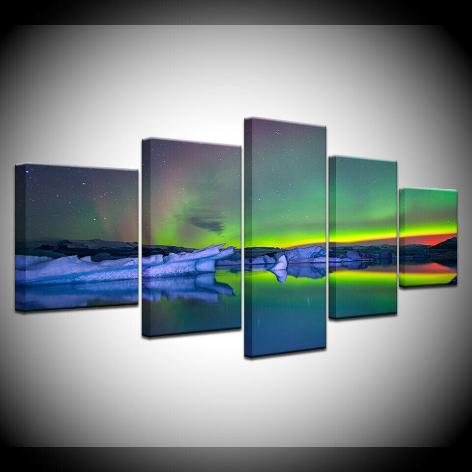 HD Prints Paintings 5 Pieces Green Aurora rainbow Lake Hill Night No Framed