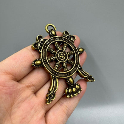 Solid Brass Dharma Wheel Pendant Nanhai Putuo Tibetan Amulet 7cm