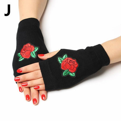 Women Fingerless Gloves Black Colour Half Finger Animals Pattern Rose Embroidery
