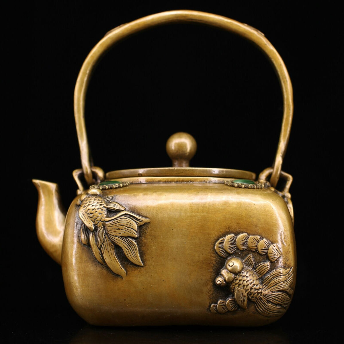 6.1" Collection Chinese Fine Copper Hand-made Inlay Gem Goldfish Teapot
