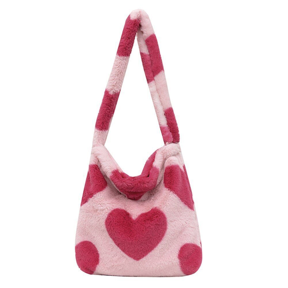 Heart Leopard Print Bag Soft Plush Shoulder Bag Large Travelling Purse 30*25*6CM