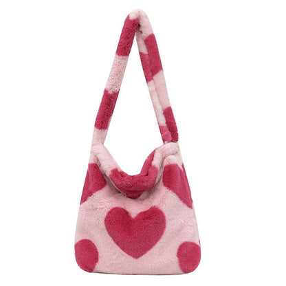Heart Leopard Print Bag Soft Plush Shoulder Bag Large Travelling Purse 30*25*6CM