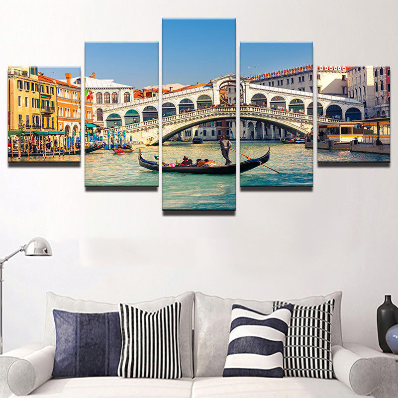 Water City Venice Bridge Canal Boat Canvas Print Painting Wall Art Home Decor 5P