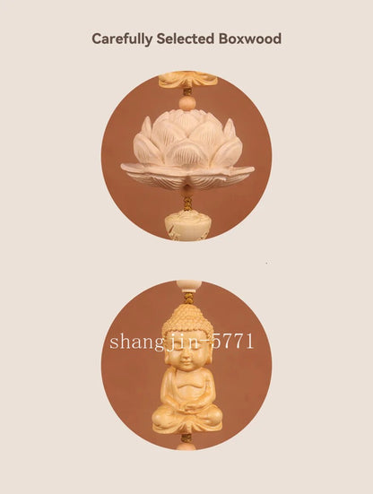 Handmade Boxwood Lotus Buddha Fu Figurines Pendants Car Ornaments Chinese Style
