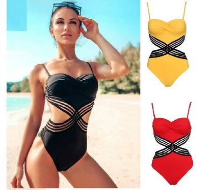 Women One-Piece Swimsuits Push Up Swimwear Patchwork Mesh Backless Bathing Suits