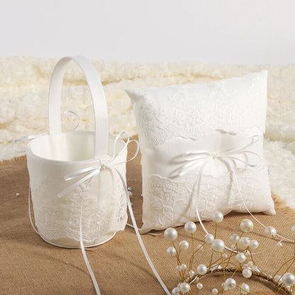 Ring Pillow Basket White Wedding Flower Girls Lace Pearl Event Party Decorations
