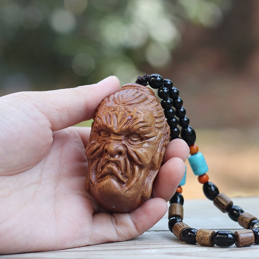 Chinese Hua Li Wood Carved Good and Evil Pendant Buddha Head Statue Decor