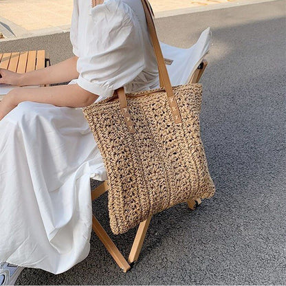 Straw Beach Shoulder Bags Summer Vacation Handbags Hand-Woven Tote Beige/Khaki