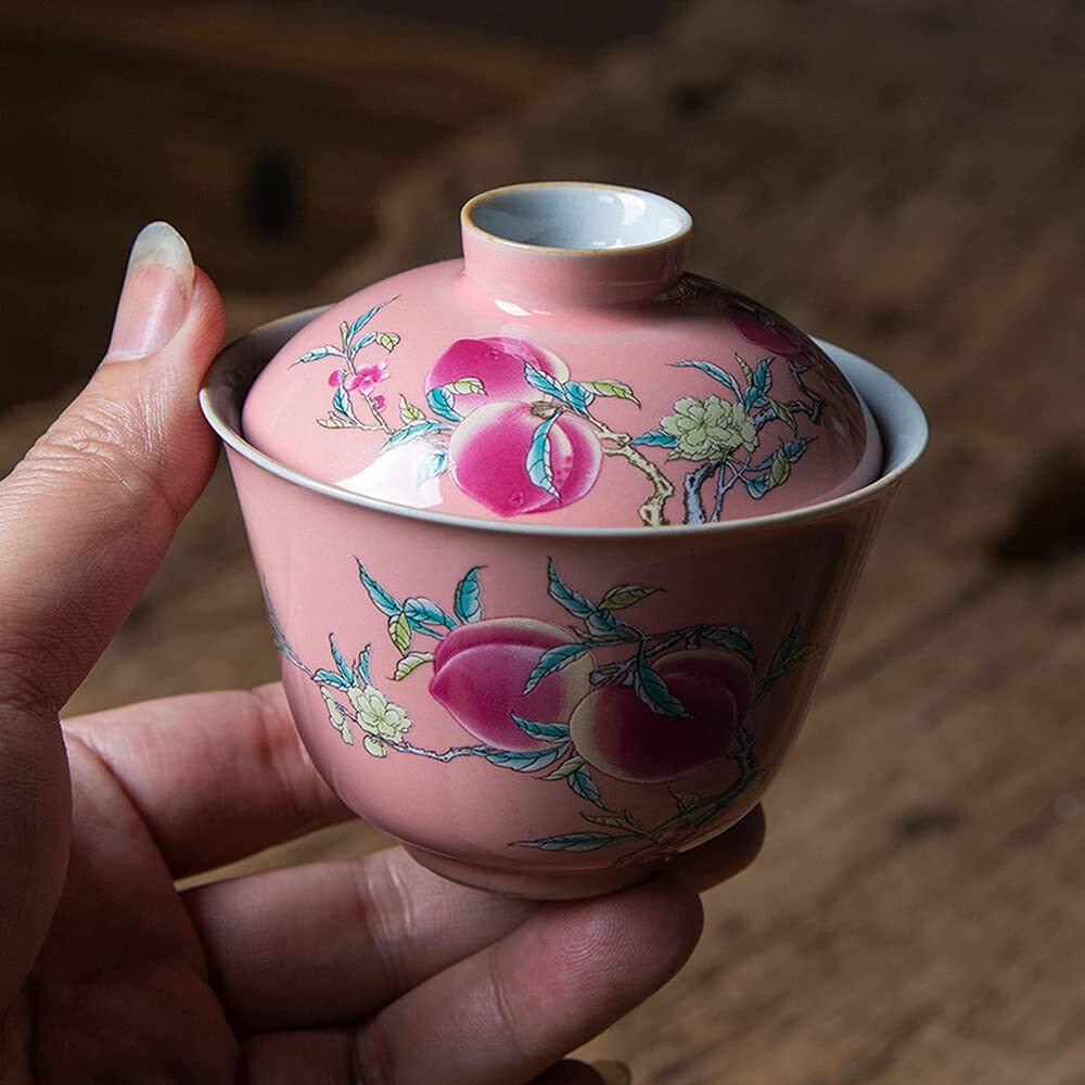 100ml Peach Tureen Ceramic Kung Fu Tea Set Hand Painted Gaiwan Chinese Tea Bowl