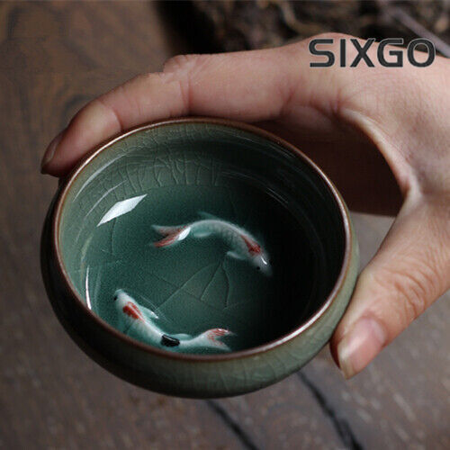 longquan porcelain tea cup crackle glaze brother kiln serving cup double fish