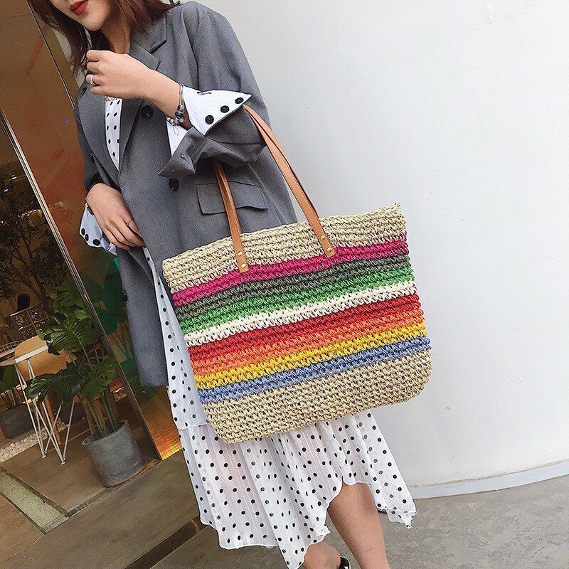 Rainbow Color Handbag Beach Bag Woven Handmade Knitted Straw Tote Shoulder Bags
