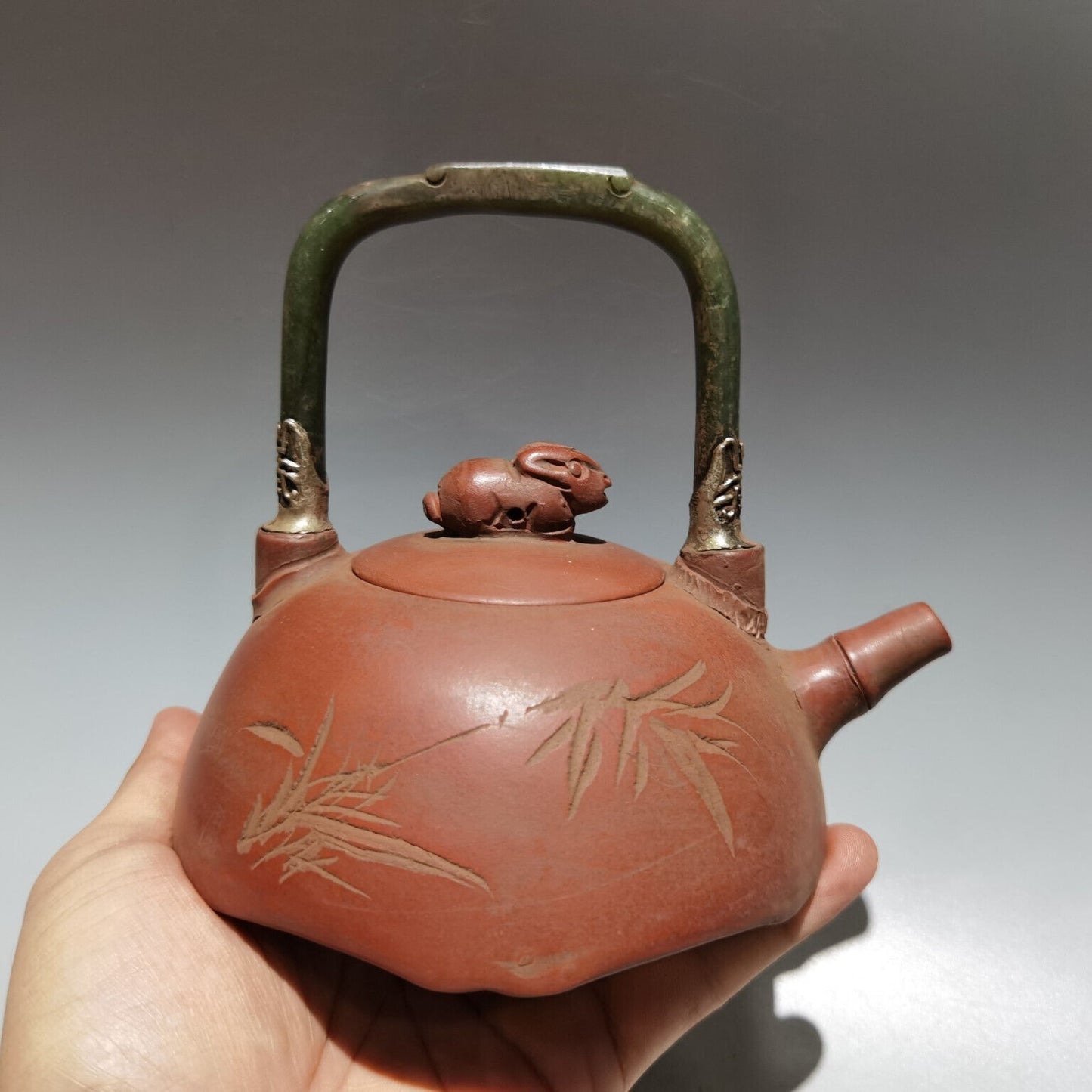 Chinese Yixing Zisha Clay Handmade Exquisite Teapot（镶玉提梁壶 底款：杨彭年）