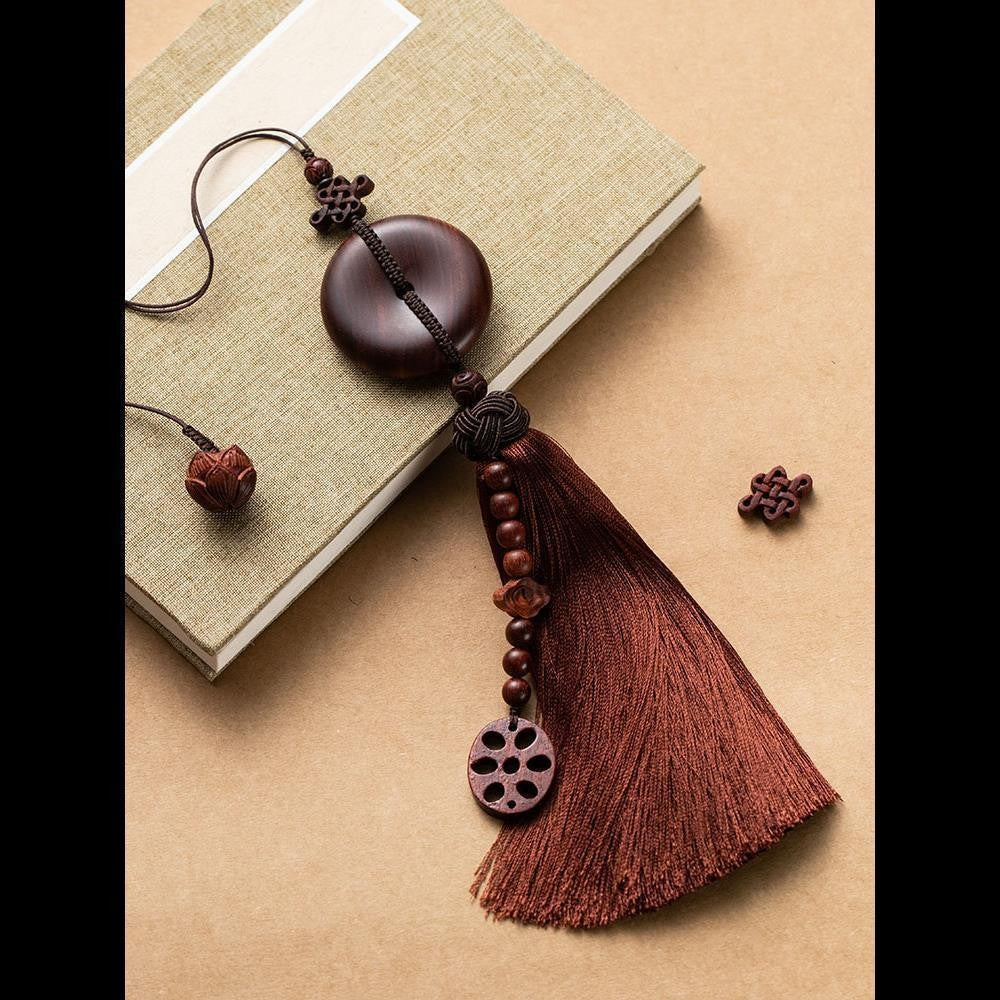 Red Sandalwood Peace Buckle Car Hanging 9.45in Wealth Tassel Pendant