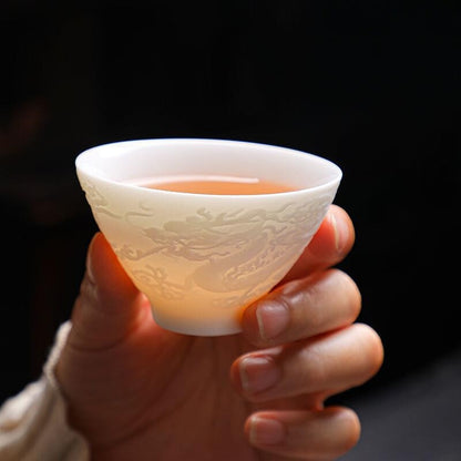 On Sales Porcelain Tea Cup Dragon Relief 60ml White China Ceramic Master Cup New