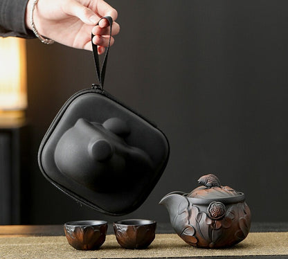 Portable Tea Set Chinese Purple Pottery Tea Pot Matching Cup Portable Bag Lotus