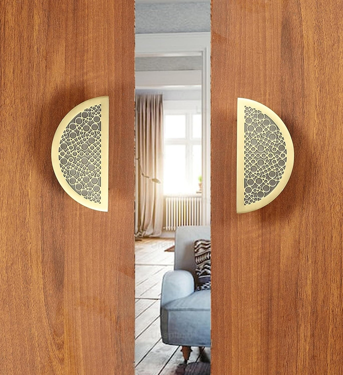 Set of 2 Antique Look Bubble Design D Shaped Brass Door Handle Pair