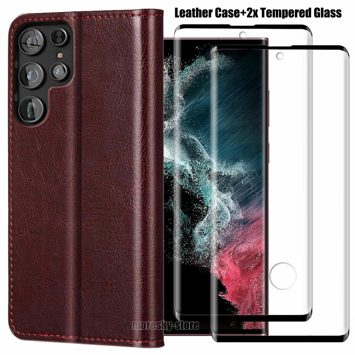 For Samsung Galaxy S22/Ultra/+ 5G Case, Shockproof Leather Cover +Tempered Glass