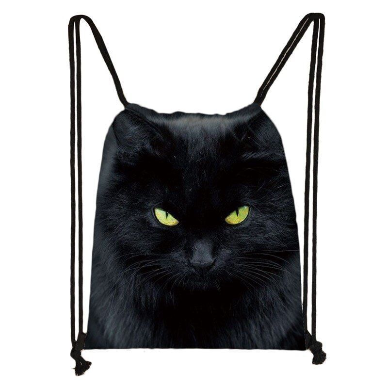 Black Cat Drawstring Bag Women Shopping Purse Canvas Travelling Bag Backpack 1PC