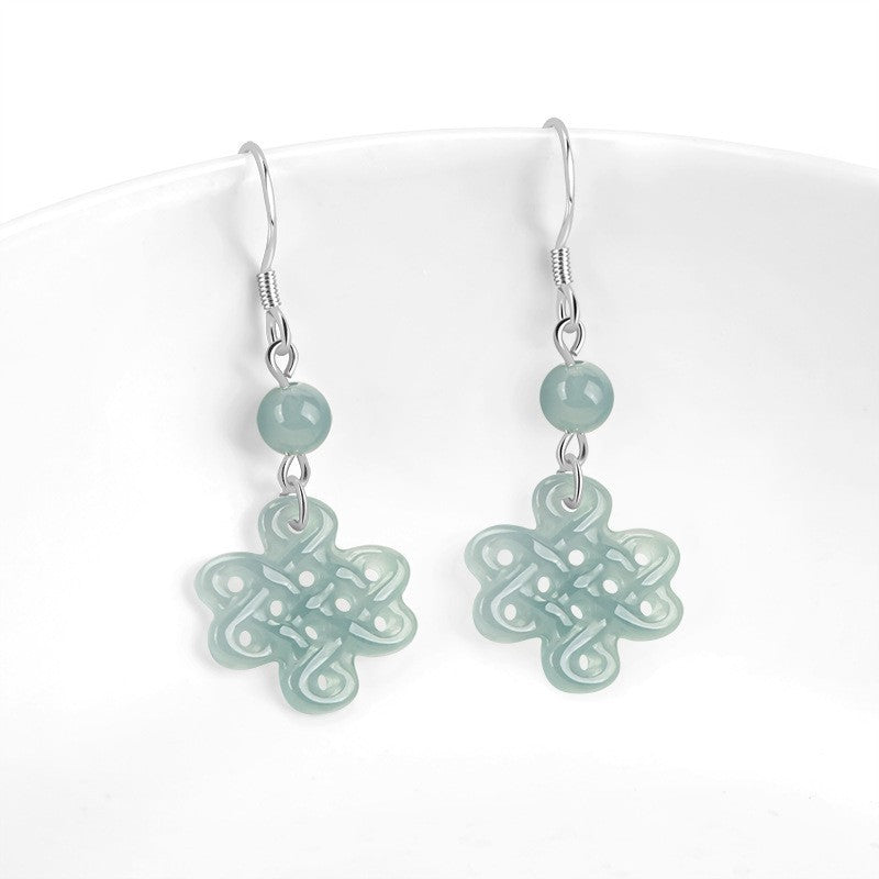 Natural Grade A Jade Jadeite Chinese Style Classical Knot Earrings Fashion Gift