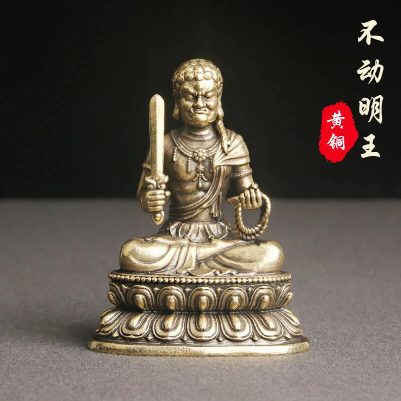 Retro Brass Fudo Mingwang Buddha Statue Religious Deity Statue Desktop Ornament