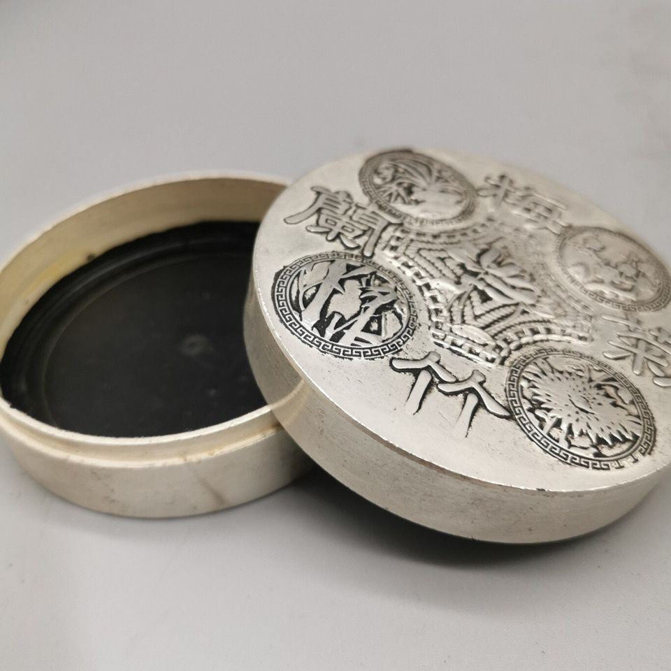 Silver Plated Four Gentlemen Ink Box Ink Holder Calligraphy Seal Mud Box