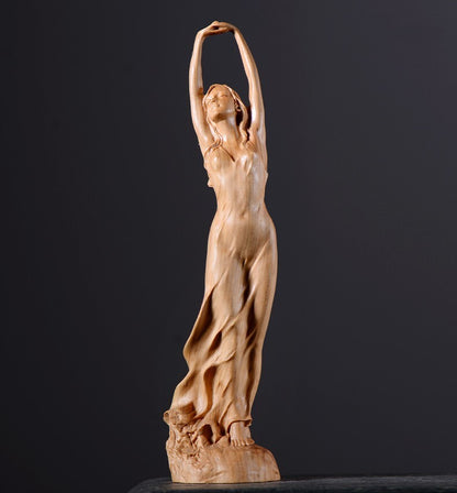 9" Cypress Wood Hand Carved Girl Statue Beauty Figurine Model Body Decor