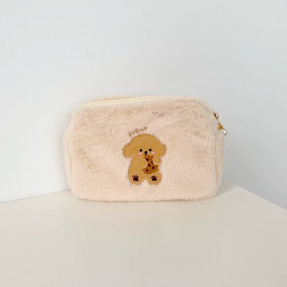 Embroidery Bear Plush Cosmetic Bag Makeup Organizer Toiletries Storage Pouch 1PC