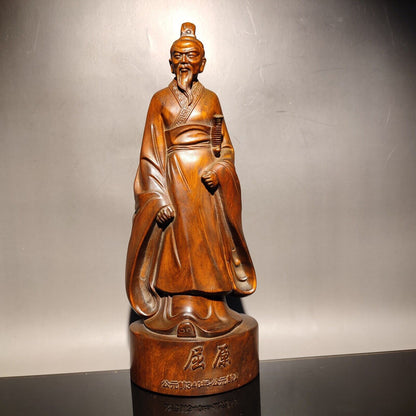 vintage wooden carved figures Quyuan chinese boxwood wood statue Duanwu Festival