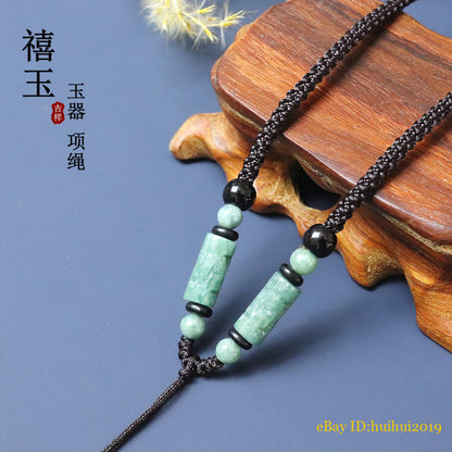 Natural Jade Bead Necklace Jadeite Round Bead Green Flower Tube Cord for Pendant