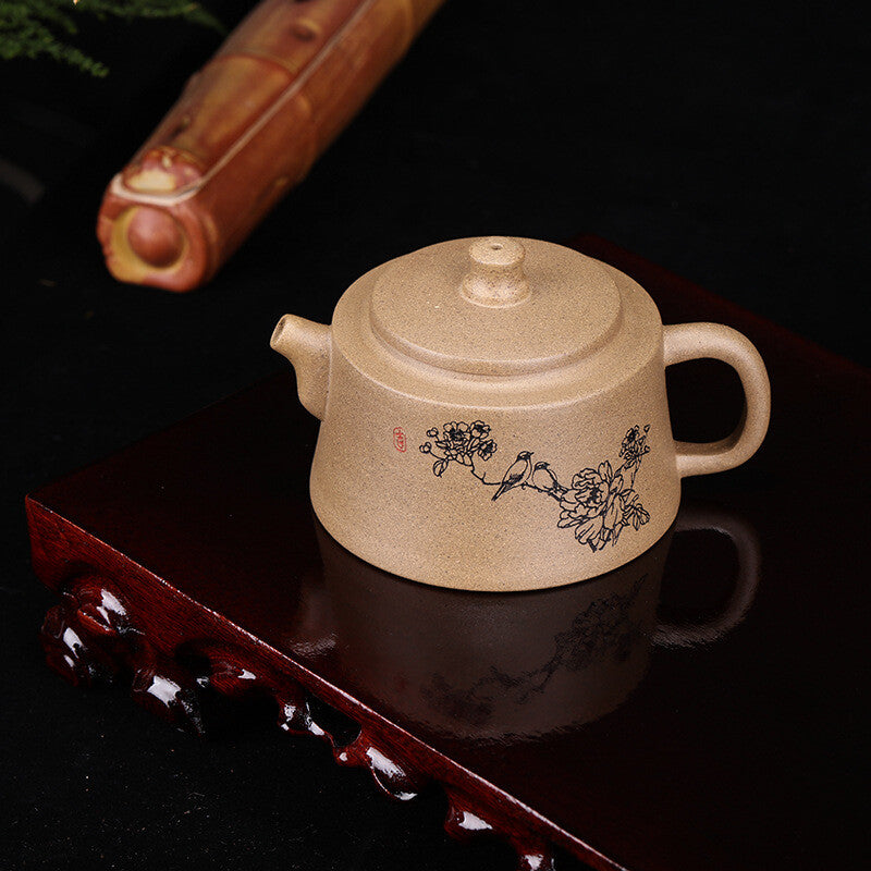 4.9" Collect Chinese Yixing Zisha Pottery Green Ash Mud 245ML Flower Bird Teapot