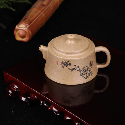 4.9" Collect Chinese Yixing Zisha Pottery Green Ash Mud 245ML Flower Bird Teapot