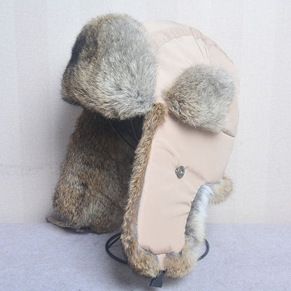 Men Bomber Hats Natural Real Rabbit Fur Outdoor Windproof Super Warm Cap 55-62cm