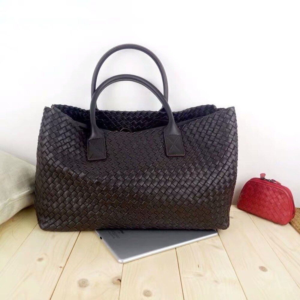 Tote Synthetic Leather Knitting Shoulder Shopper Bag Woven Large Purse Black 1PC