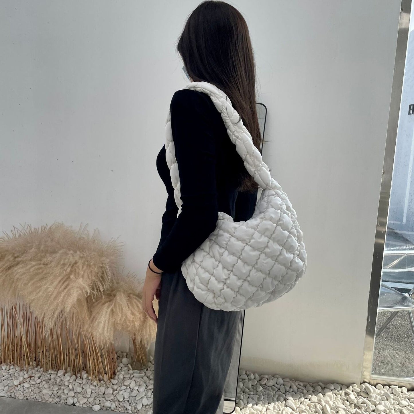 Space Cotton Bag Plaid Pattern Handbag Large Tote Bags Feather Padded Travel Bag