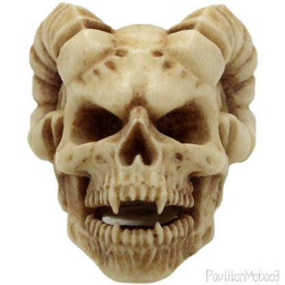Goat Horn Skull Head Carved in Deer Antler Hand Carving Statue Netsuke Bead