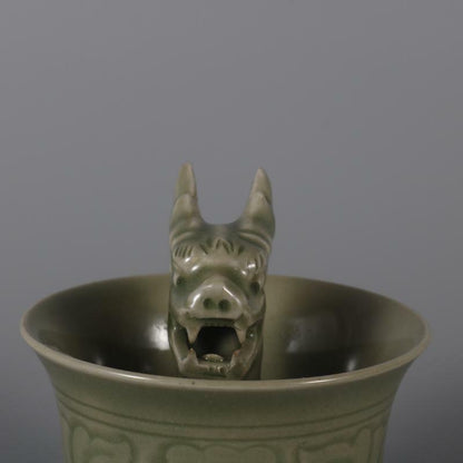 3.26 inch Chinese Song Celadon Porcelain Carved Flowers Dragon Shape Teacup Cup