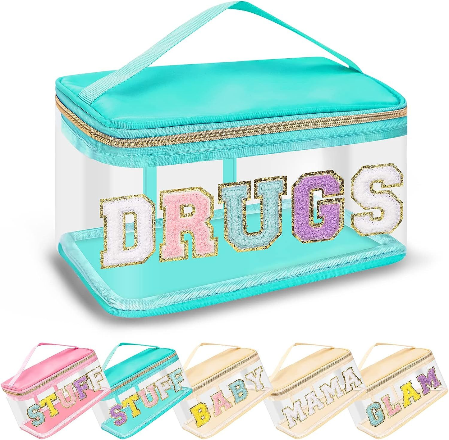 Chenille Letter Patches Clear Makeup Bag Meds Purse Pouch, Select Color