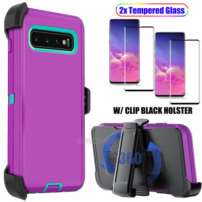 For Samsung Galaxy S10/+/S10e Case, Clip Holster Cover, Tempered Glass Protector