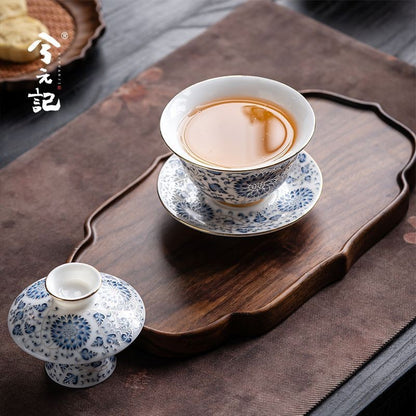 Chinese Blue White Gaiwan Porcelain Lidded Tea Bowl Saucer Gongfu Tea 165ml