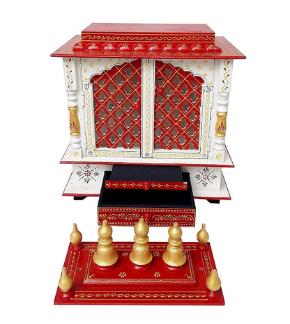 Handcrafted Wooden Home Temple White & Red Worship Mandap Mandir