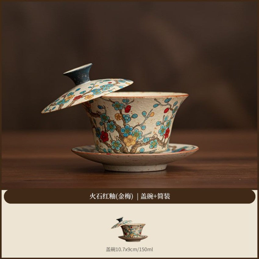 Vintage Clay Plum Blossom Gaiwan 10.7cm 150ml Hand Painted Tea Brewer Bowl