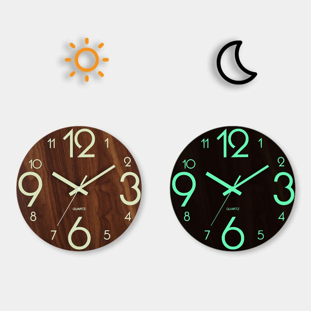 Luminous Walls Clock 12in Wood Non Ticking Light In Dark Night Living Room Decor