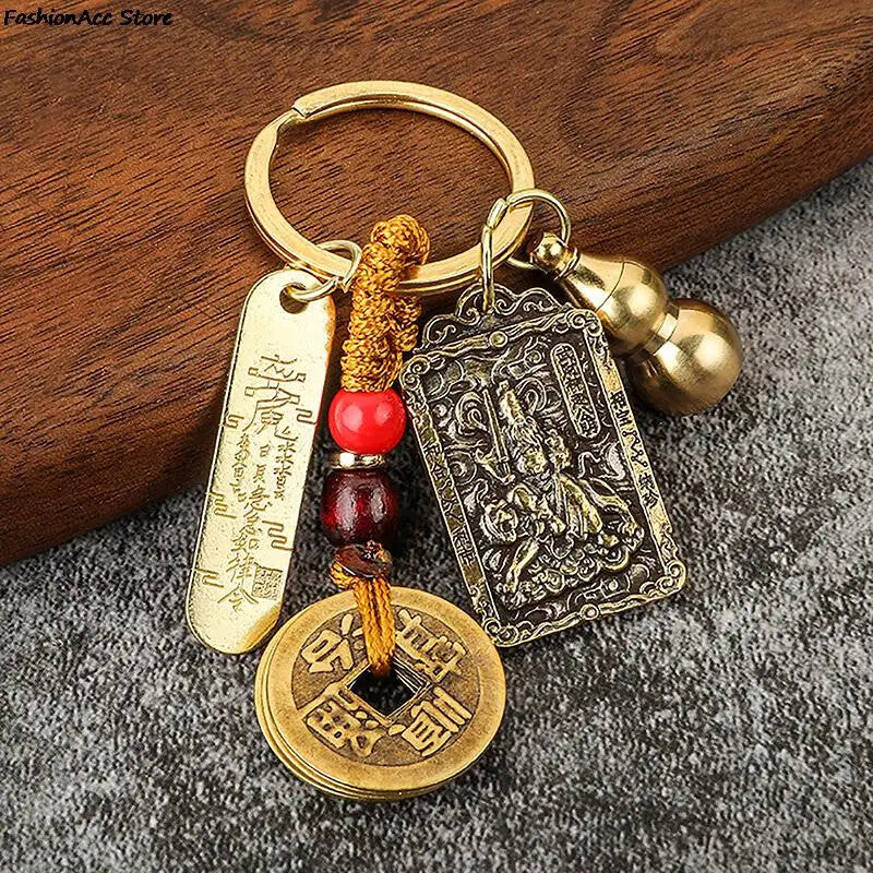 Chinese Style Zodiac Brass Gourd Five Emperors Money Keychain Metal Fengshui