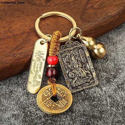 Chinese Style Zodiac Brass Gourd Five Emperors Money Keychain Metal Fengshui